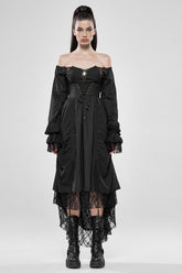 Robe gothique noire à épaules dénudées avec manches longues bouffantes et volants en mesh pour femmes